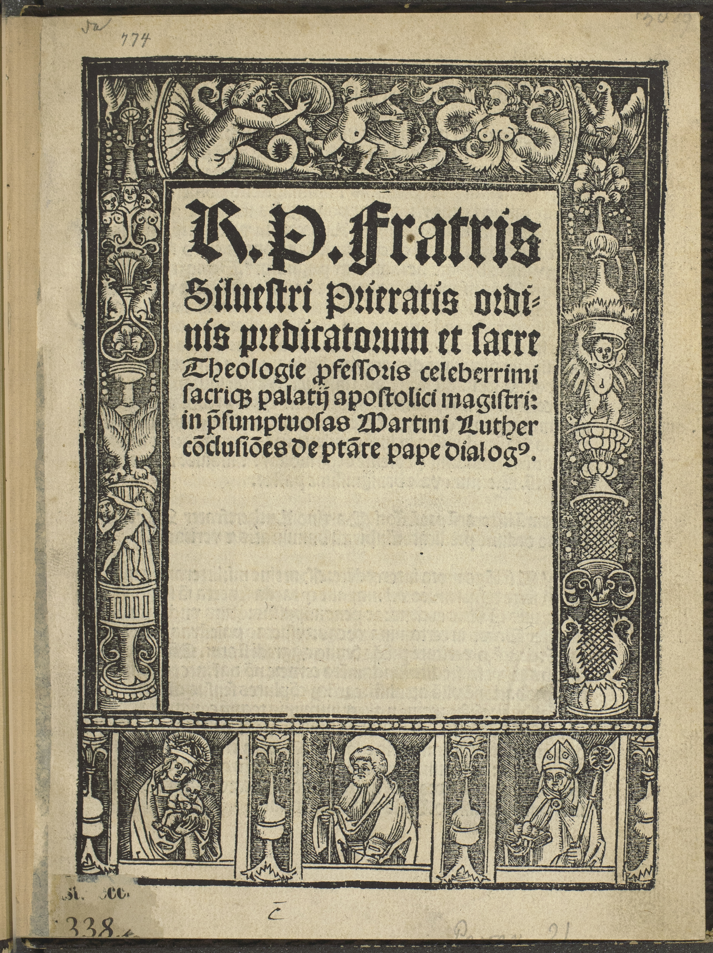 Summary: S. Mazzolini was Master of the Sacred Palace (Vatican) in Rome, censor of books, and one of the first Catholic literary opponents of Luther. This is an early printing of the first work issued in opposition to Luther. Where the printing fits in bibliographically is still a matter of dispute. The work is in dialogue form and contains a refutation of Luther&#039;s 95 theses.