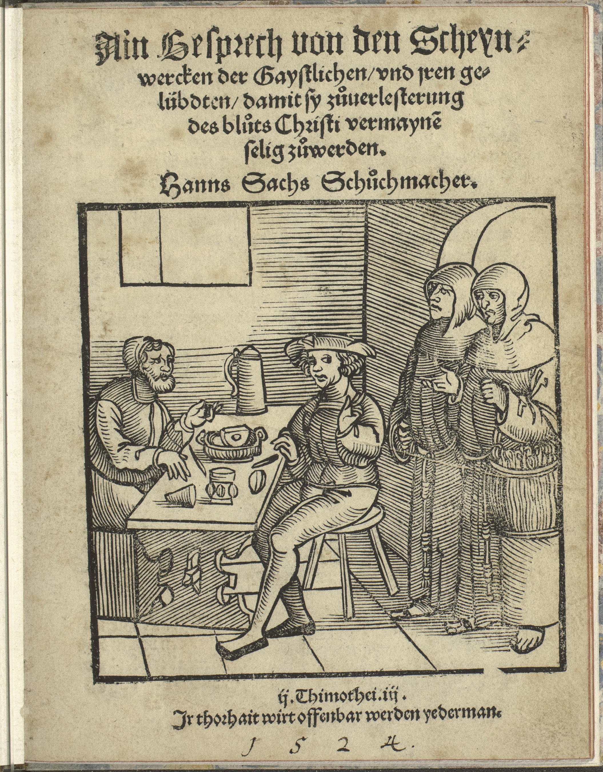 Summary: H. Sachs the Nuremberg &quot;Master-Singer&quot; and shoemaker became an early and ardent supporter of Luther and the Protestant cause. In this &quot;trio-logue&quot; a baker named Peter, a monk named Heinrich, and a shoemaker named Hans discuss questions relating to monastic life and monastic vows. The work is in prose, a change from Sachs&#039; usual rhymed couplet format. This printing is from the same year as the first printing and re-uses the woodcut from the title page of the first printing.