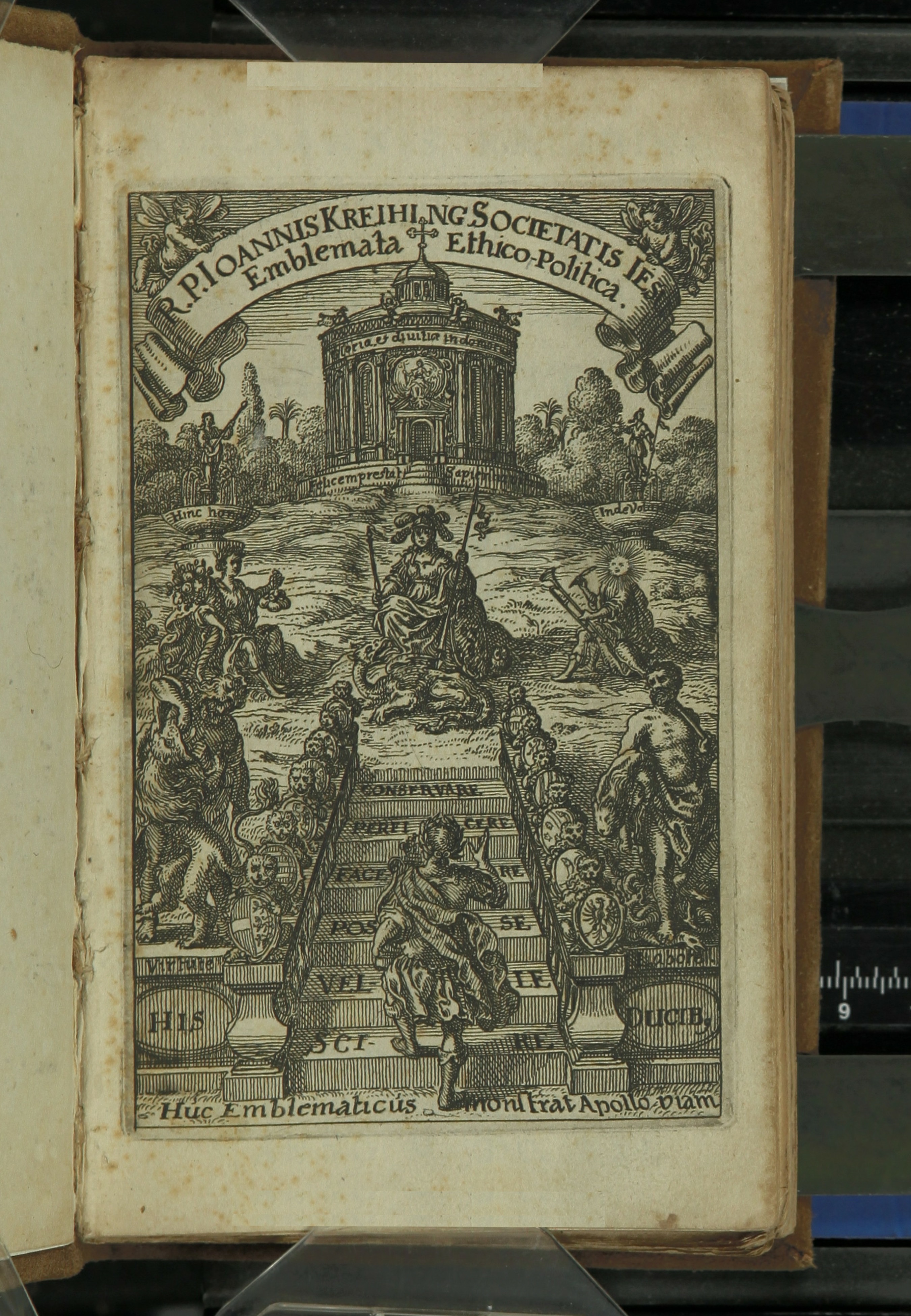 Summary: First edition of this beautifully illustrated Jesuit emblem book. The work is dedicated to Leopold Archduke of Austria with a full-page dedicatory illustration and 162 numbered etched text emblems. The the delicately etched emblems include many examples of everyday life in the Low Countries with illustrations of people at play and work including trades, children playing, games, as well as scenes from mythology, history and fantasy; each often expressing a either a weakness or strength of moral character with moderation a frequent topic or making fun of a certain segment of society (e.g. on astronomers who see spots on the sun). An English translation was published in 1999 along with the original text.