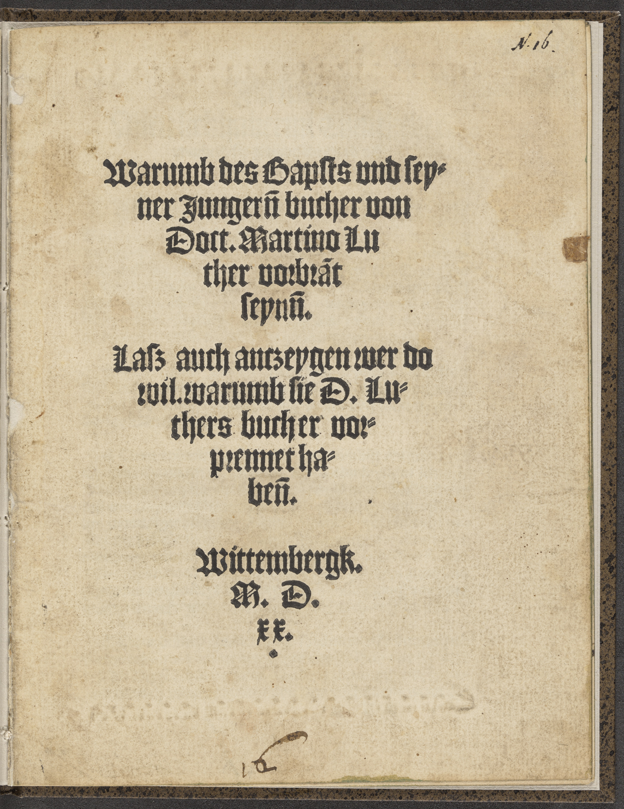 Summary: When the time stipulated in the Pope&#039;s bull of excommunication had elapsed on December 10, 1520, Luther and some of his students burned the bull and copies of the canon law. This pamphlet details their reasons for doing so. This is the third (of three) printings of the first edition.