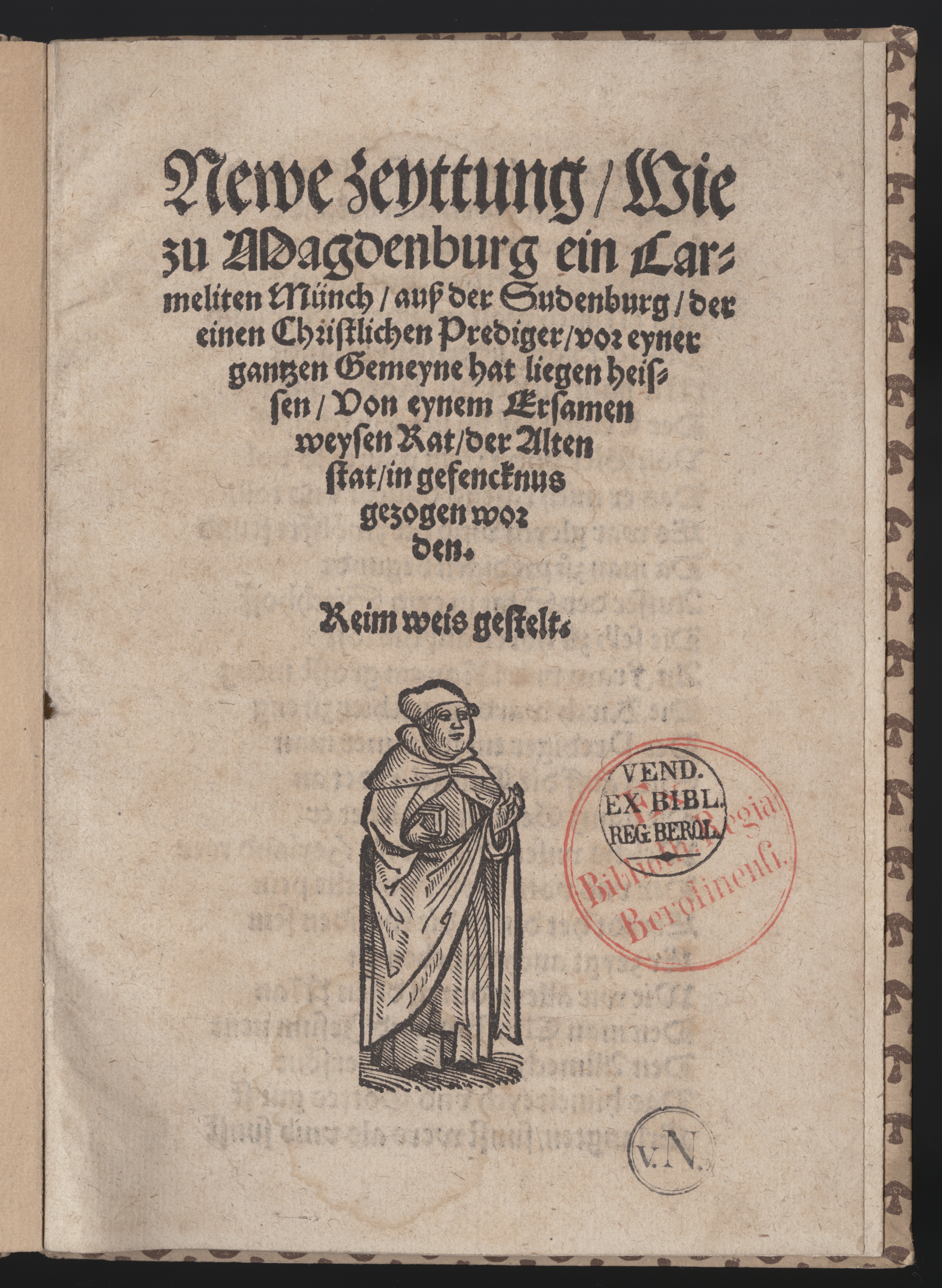 Summary: Polemic ballad with a total of 142 rhymed lines, relating the story of a drunk Carmelite monk who attends a sermon preached outside the city by a righteous (Lutheran) pastor and who interrupts the preacher, accusing him of lying and misrepresenting Scripture. The people in response rise up and begin to beat him, almost killing him, but the monk is taken away and brought before the city council and the mayor who calls for calm and instructs that the monk should be locked up to await the executioner and thus be placed under God&#039;s justice rather than the mob&#039;s anger. The story concludes with a warning to the city to keep their dignity, not to give in to anger and to avoid the company of monks.
