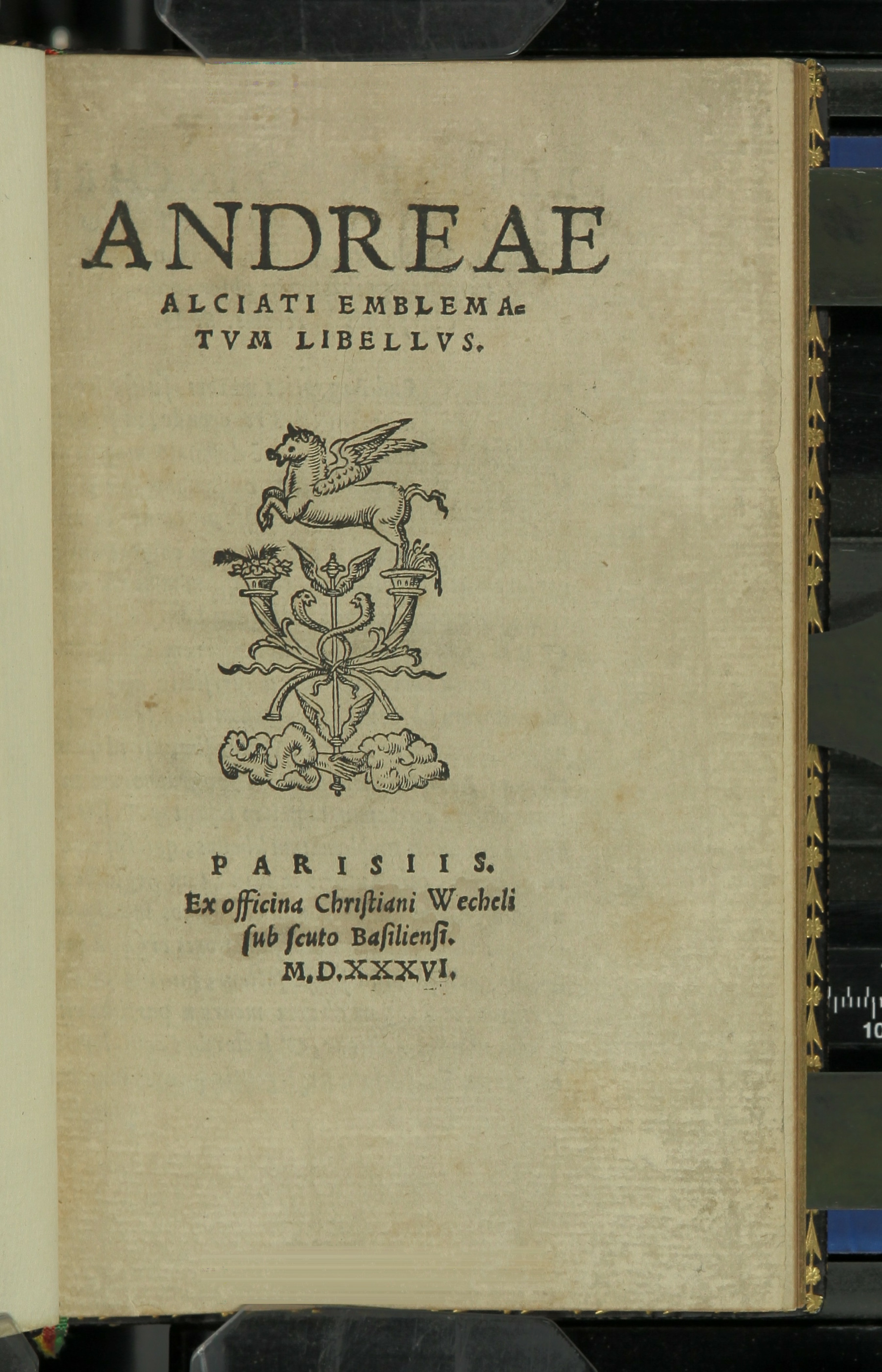 Summary: Third edition of Alciatus in France, &quot;with new woodcuts superior to those of the &#039;Augsburg&#039; editions&quot; (Landwehr). The emblems are attributed to Mercure Jollat. &quot;It is the Paris edition which set the standard for the popular field of emblem literature (Mortimer, French, no. 13, p. 13). Alciatus was not happy with the two earlier Augsburg editions; but the expanded Wechel edition which appeared in Paris in 1534 with entirely new woodcuts by Jollat set a new standard. The work was so popular that an edition appeared in 1535, as well as two Latin-French bilingual editions in 1536 (apart from the present Latin edition of that same year).