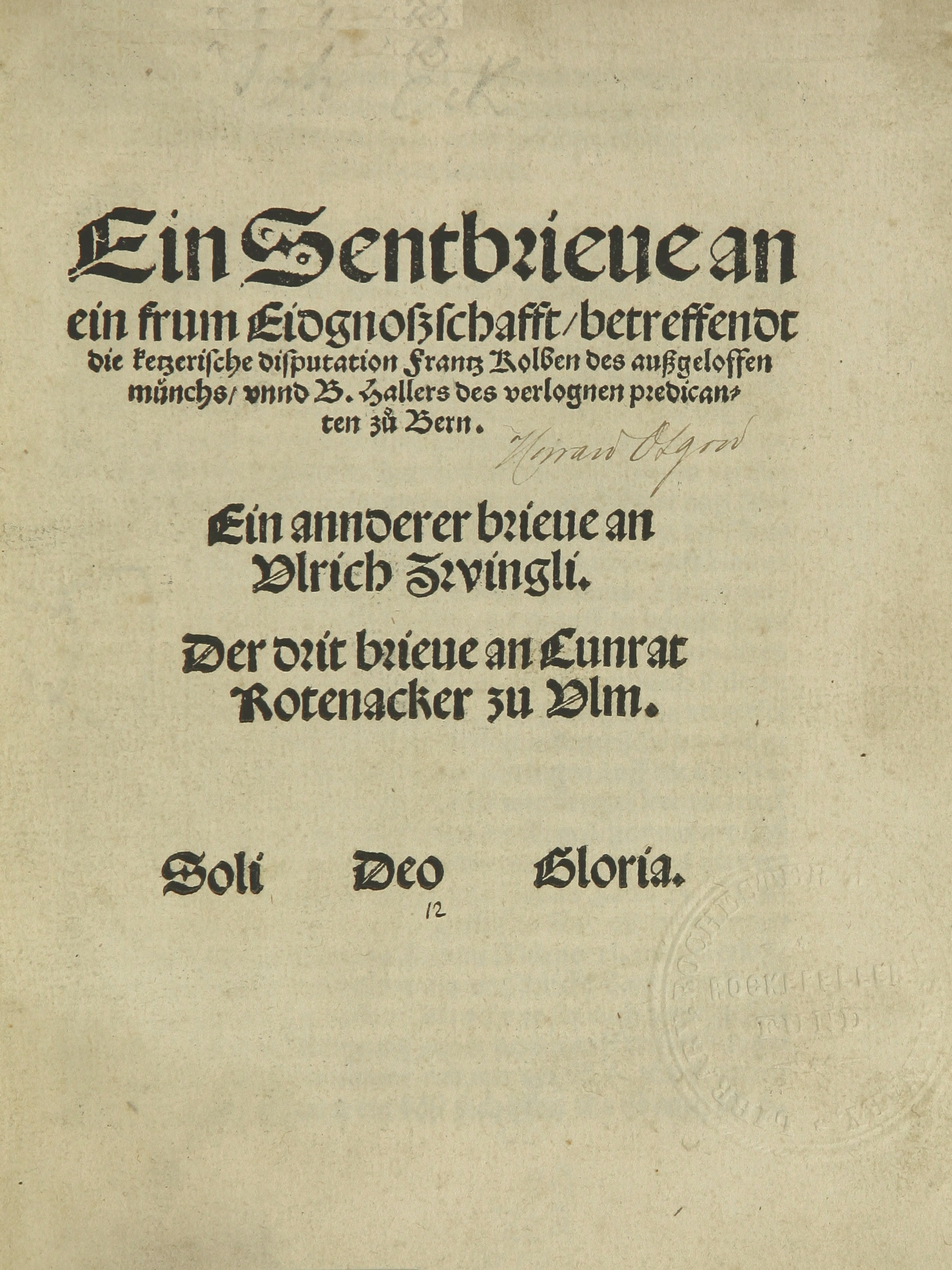 Summary: First edition of three public letters by Johann Eck. The letters refer to an invitation sent to Eck by Zwingli, Haller and Kolbe, all of them evangelical preachers, to participate in a religious disputation scheduled to take place in Bern. The first letter, addressed to the confederation, explains courteously enough that he, Eck, does not intend to follow the call of the three proven heretics individually, a call not issued by the civic authorities. Not that he is afraid of their arguments; but he insists on an authoritative invitation and presence. The other letters are framed in very aggressive and personally offensive language but carry the same message. Eck challenges the evangelical disputants to appear with him before any of the Catholic potentates, spiritual or secular, or any of the great (Catholic) universities, and he would shatter their heretical arguments