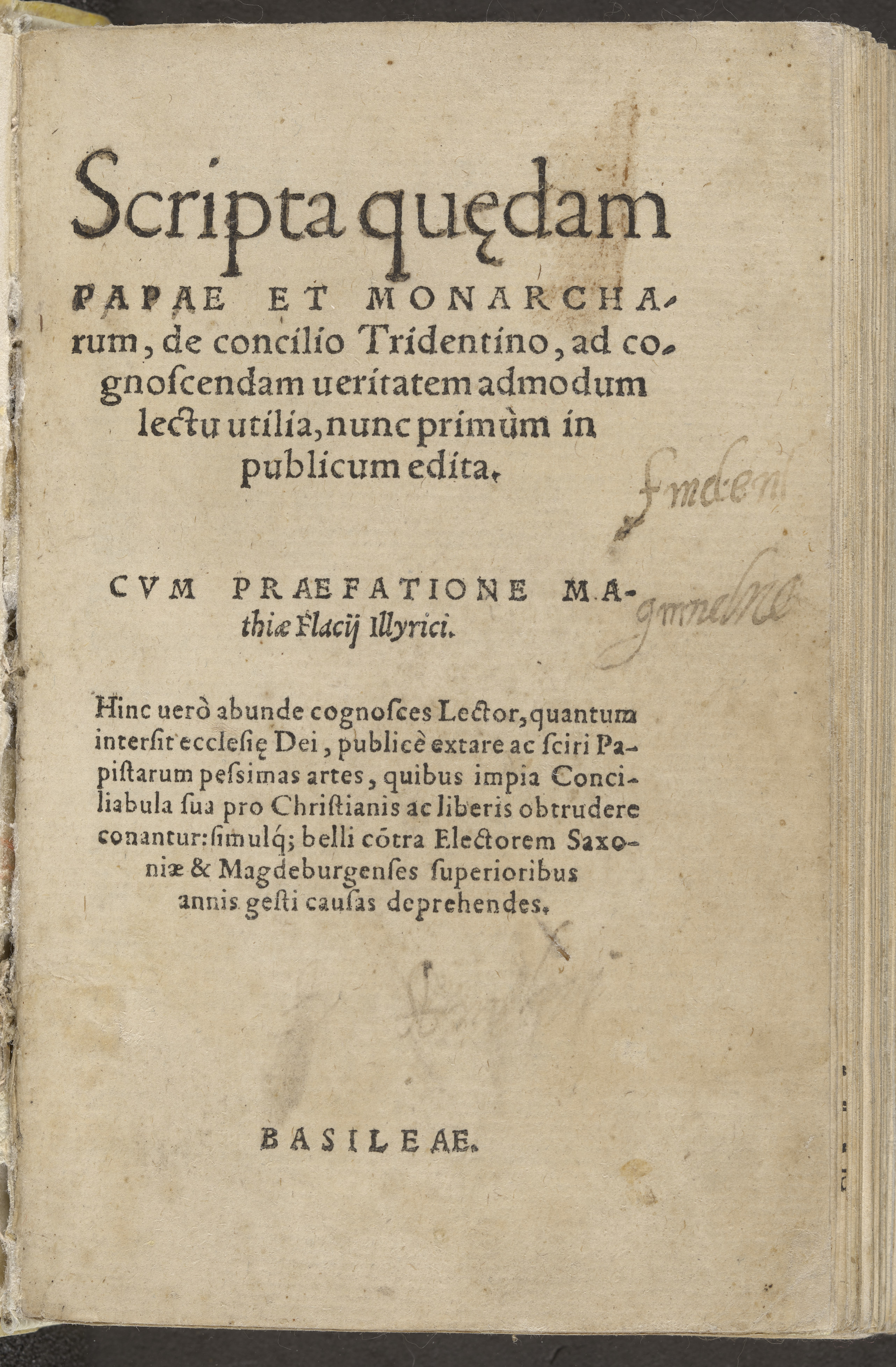 Summary: Publication by Matthias Flacius of correspondence between Pope Paul III and his legates and the courts of Emperor Charles V and King Henry of France. With this publication, Flacius had intended to expose deceptions by the Pope during the Council of Trent.