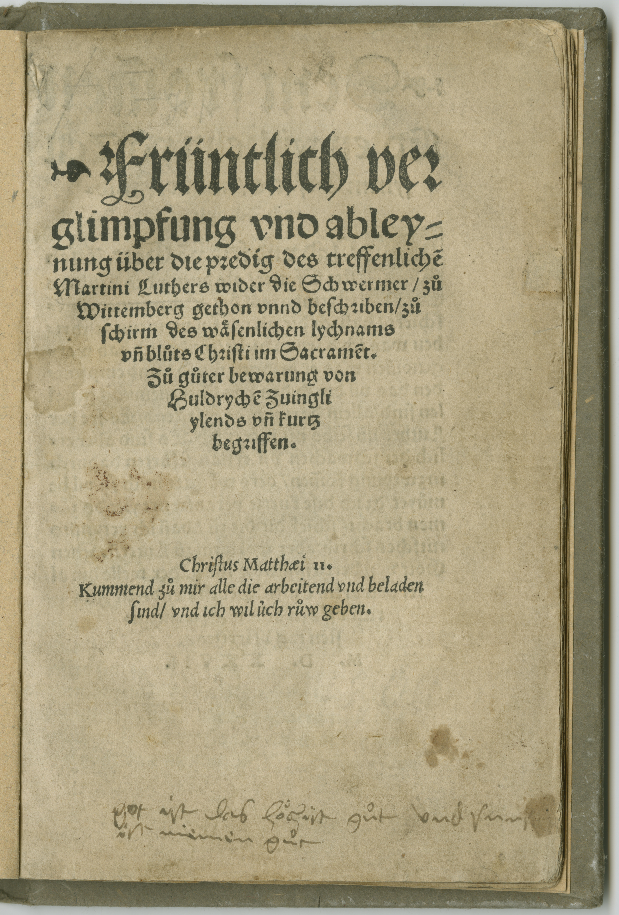 Summary: In a sermon against religious fanatics (Wider die Schwärmer), Luther had asserted the real presence of Christ in the eucharist. Zwingli responds by affirming the Reformed position that the practice of communion is to be seen as a symbolic act.