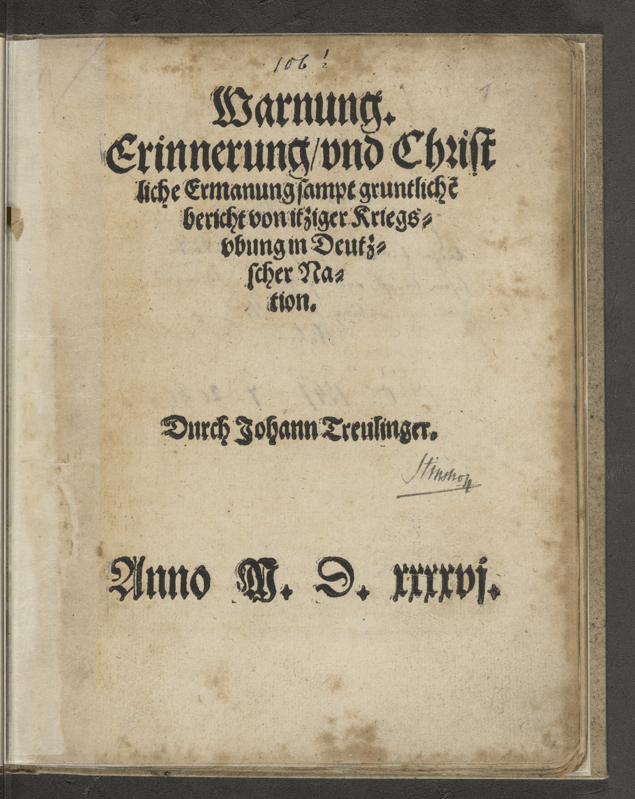 Summary: Response by an otherwise unknown author to the in 1546 developing Schmalkald War. The author leans more towards the position of the Holy Roman Emperor, rather than to that of the Lutheran princes.