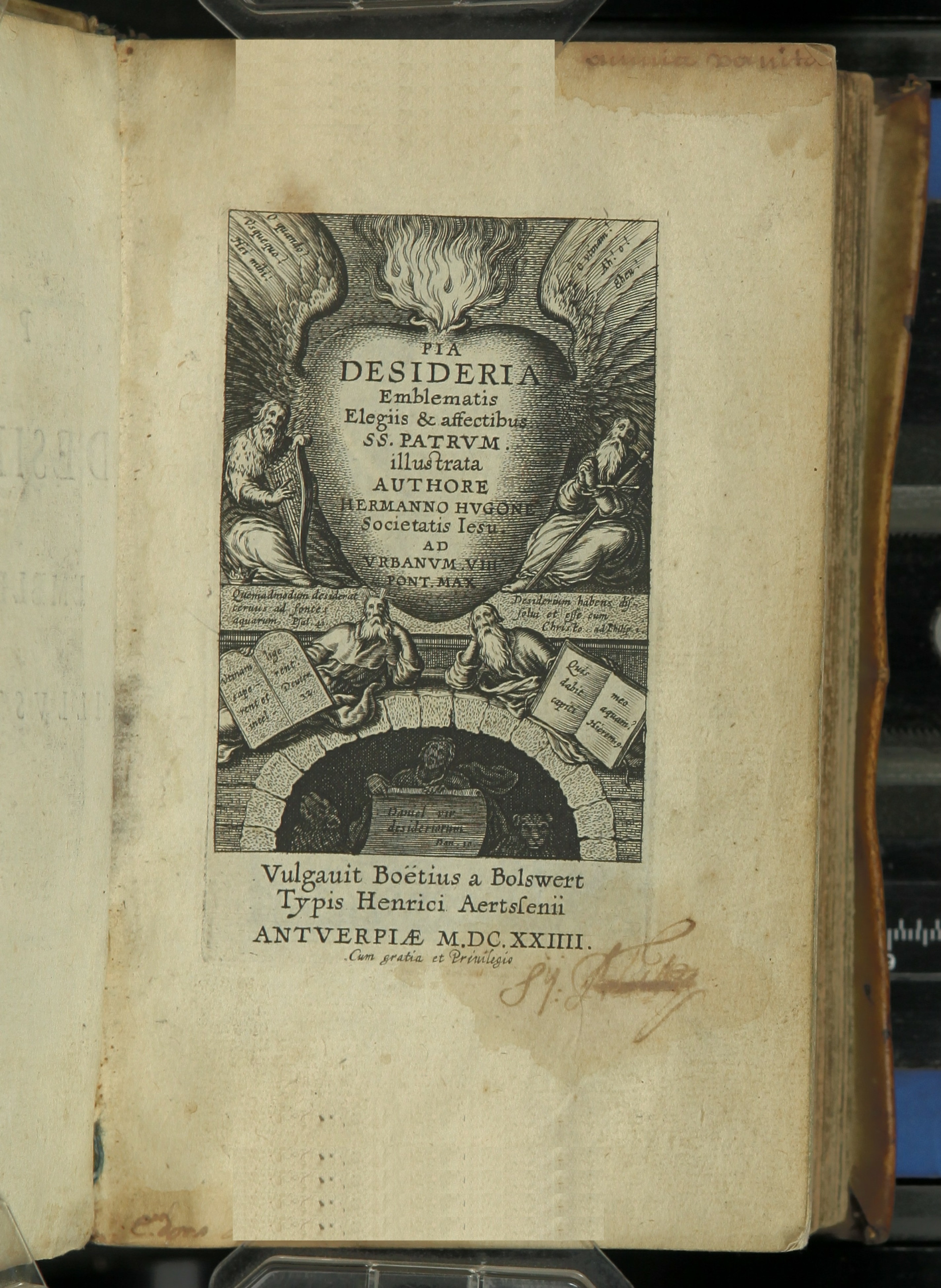 Summary: &quot;Editio princeps of perhaps the most influential religious emblem books&quot; (Landwehr). Herman Hugo (1588-1629), born in Brussels, joined the Jesuit order in 1605, became Spinola&#039;s father confessor and accompanied the general in all his campaigns. He died of the plague at Reinberg. The engravings in this beautifully illustrated emblem book are attributed to Boetius à Bolswert (Boëce van Bolswert: ca. 1580-1633), who also is noted as the publisher (one illustration is signed &quot;W. Simpson sculp.&quot;). The work went through numerous editions with engravings and woodcuts by various artists. The illustrations were also copied for use in other emblem works. The engravings, which include a biblical citation below the illustration, appear in fine dark impressions. A very nice copy of a very important work in its field.