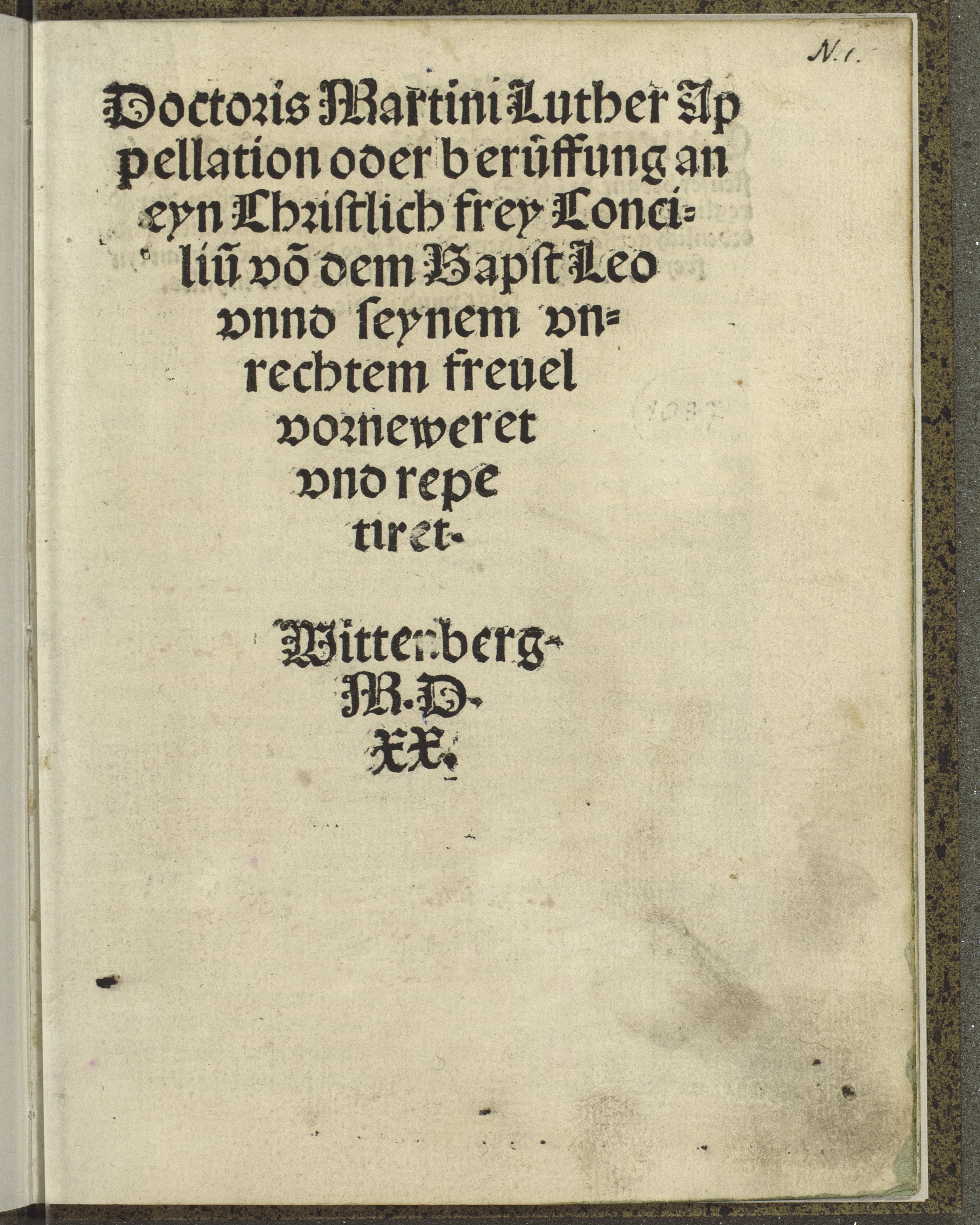 Summary: Despite his lack of success in appealing to the Pope for an Ecumenical Council in 1518, Luther repeats his call in this pamphlet, combining it with a special appeal to the emperor and to the German princes. This is the first printing of this work, produced outside the city of Wittenberg.