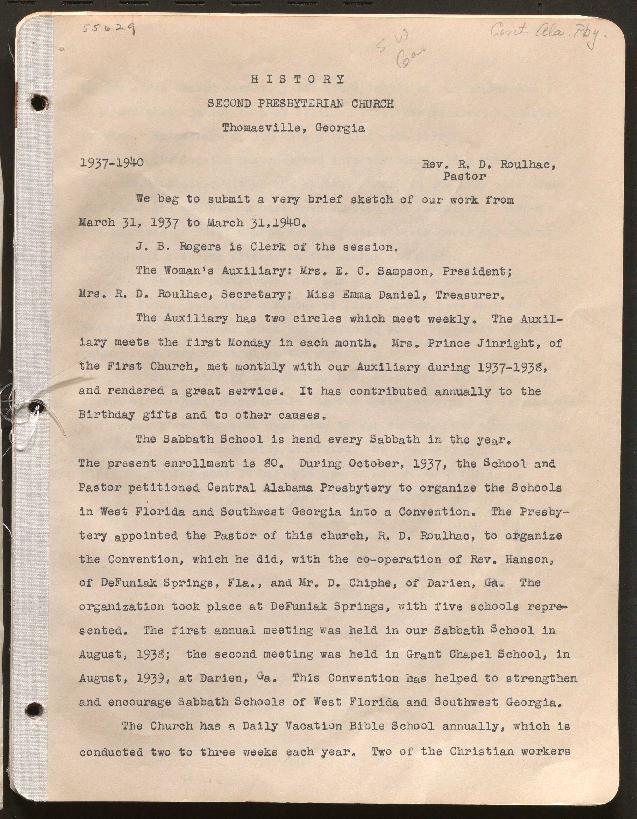 This history includes the years 1940. It also includes a summary of the years 1937-1940 (part of the 1940 history). This history also consists of materials depicting the life and ministry of Reverend R. D. (Robert Daniel) Roulhac (1879-1957) including a program from his retirement service (1956), a program from his funeral service (1957), a photograph taken of him and his wife (1956), and a written biography of his life (compiled 1962).