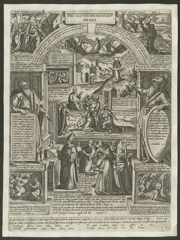 The act of praying for the healthy and those near to God (the dead), illustrated and accompanied by scriptural references.