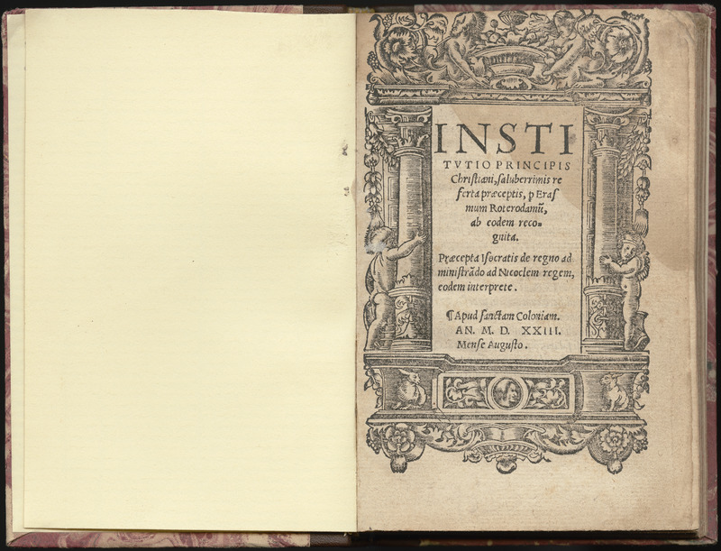 A historiated woodcut border of Institutio principis Christiani : saluberrimis referta praeceptis. The border features cherubs, columns, male and female figures merged with the floral designs, as well as a pair of rabbits.