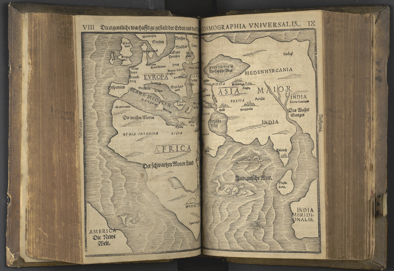 A map of the world including Europe, Africa (&quot;Der schwarzen Moren Land&quot;), Asia (Major), America (&quot;Die Newe Welt&quot;), and India Meridionalis (a so called &quot;phantom&quot; peninsula that was often depicted in Medieval and Rennaissance maps). A number of monstrous sea creatures are depicted in the various oceans and seas.
