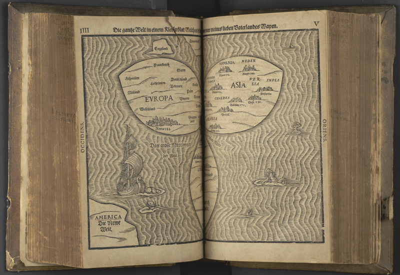 A map of the world including Europe, Africa, and Asia as three leaf or petal shaped continents with America (&quot;Die Newe Welt&quot;) draw in the bottom left corner. A ship and numerous sea creatures are depicted in the oceans.