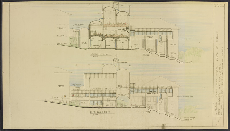 An architectural plan of the Eastern elevation of Cannon Chapel along with a cross-section of the building.