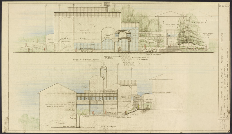 An architectural plan of the Northern and Western elevations of Cannon Chapel.