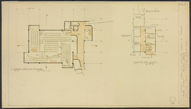 An architectural plan of the sanctuary level of Cannon Chapel showing an alternative arrangement for seating.