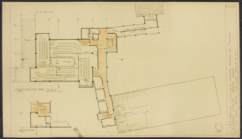 An architectural plan of the sanctuary level of Cannon Chapel showing an example seating arrangement.