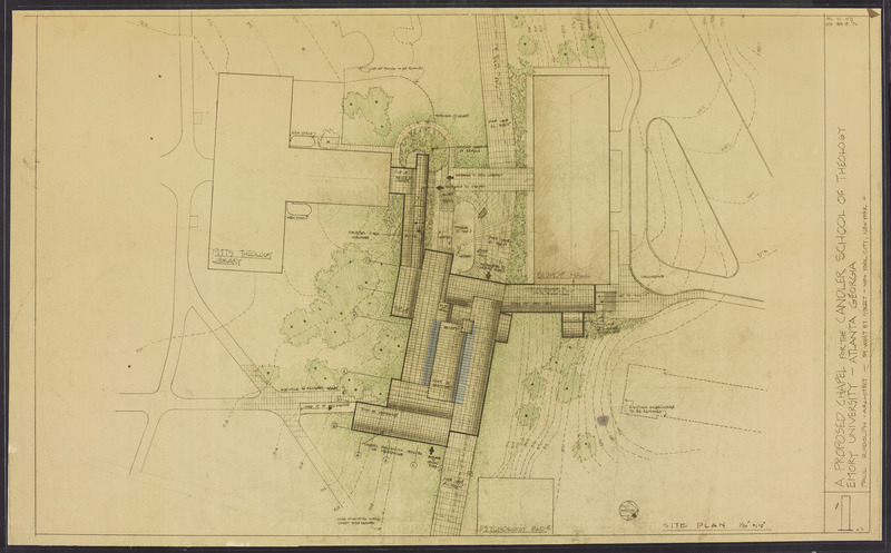 An architectural plan of the Cannon Chapel site showing the exterior designs and it&#039;s placement in relation to Pitts Theology Library (now Convocation Hall) and Bishop Hall.
