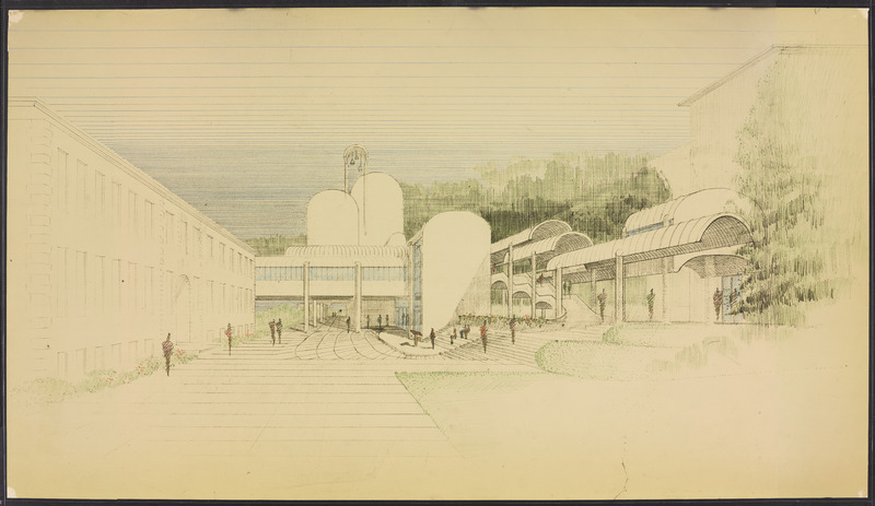 An exterior sketch of Cannon Chapel facing East with Bishop Hall on the left and Pitts Theology Library (now Convocation Hall) on the right.
