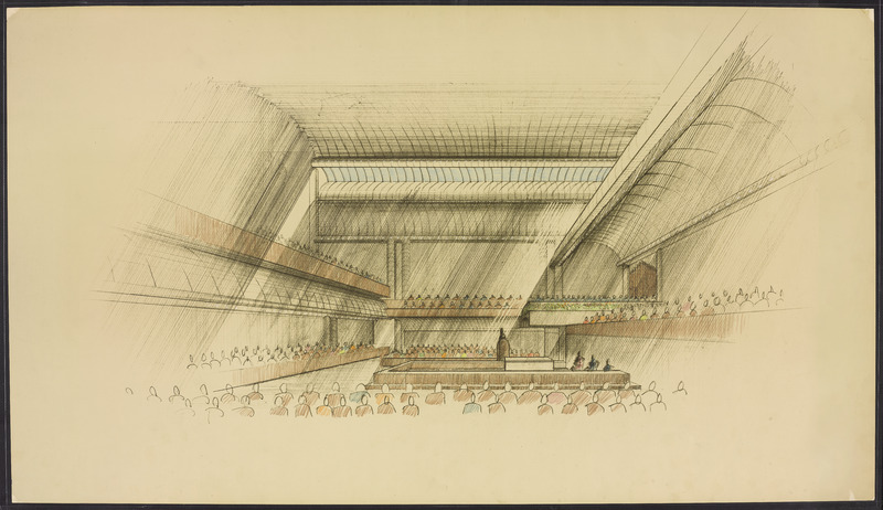 An interior sketch of the Cannon Chapel sanctuary space showing the location of windows and the organ.