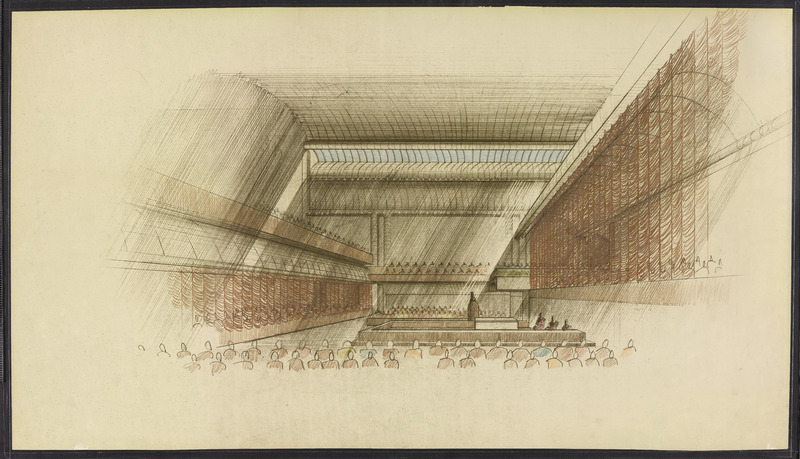 An interior sketch of the Cannon Chapel sanctuary space showing various seating areas cordoned off with curtains.