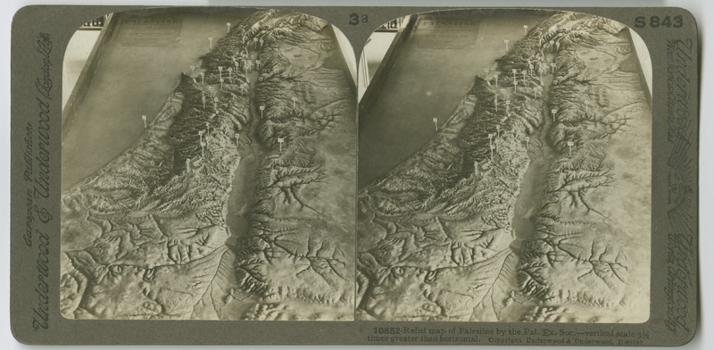 View of a relief map prepared by the Palestine Exploration Society depicting the topography of Palestine and identifying various notable locations.