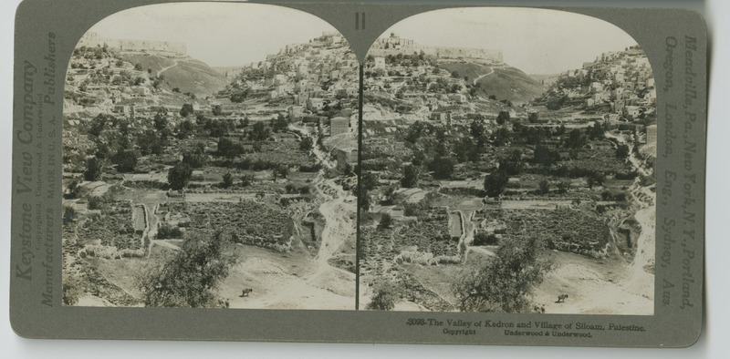A view of the village of Siloam in the Valley of Kedron (Kidron) with Jerusalem and the Mount of Olives in the background.