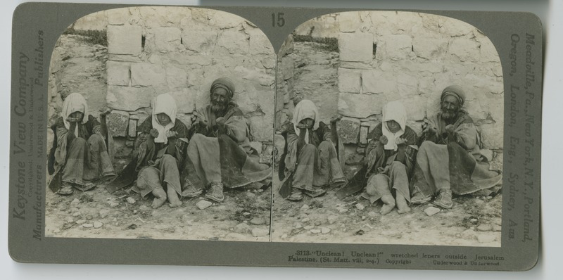 Three individuals suffering from leprosy beg for alms near the Garden of Gethsemane.