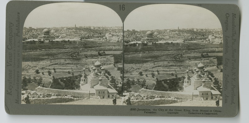 A view of Jerusalem from the Mount of Olives, clearly showing the Dome of the Rock (Qubbat al-Ṣakhrah) in the middleground and a Russian [Orthodox?] Church in the foreground.