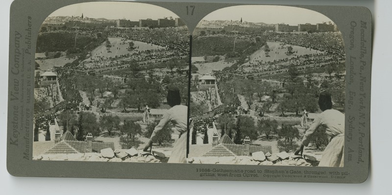 Crowds of pilgrims making their way up the road from Gethsemane towards the Lion&#039;s Gate (St. Stephen&#039;s Gate) and into Jerusalem.