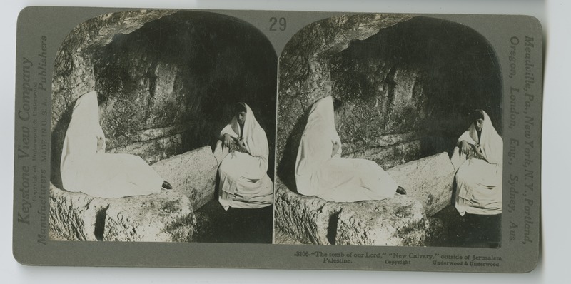 An interior view of a rock-hewn tomb outside of Jerusalem, proported to be the tomb where Jesus was laid after his crucifixion.