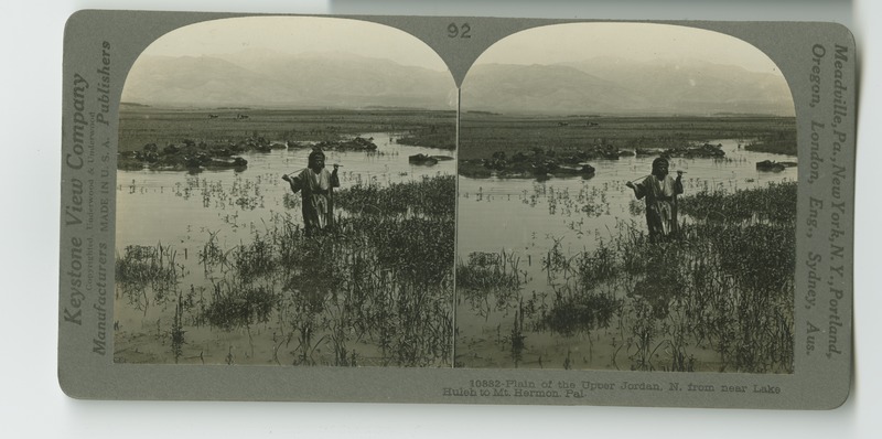 A view across Lake Hula (now the Hula Valley) toward Mount Hermon.