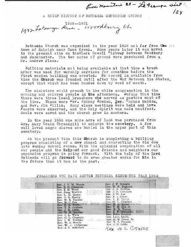 A brief history of Bethesda Methodist Church near Woodbury, Georgia, including details of the church&#039;s founding and a list of pastors.