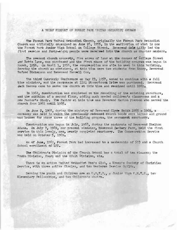 A brief history of the Forest Park Church including details of the church&#039;s founding and organizations within the church.