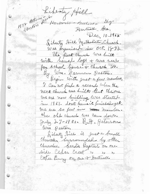 A brief handwritten history of the Liberty Hill Church including the relocation and construction of church buildings.