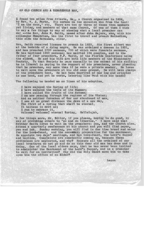 A brief history of the Mount Gilead Church including personal recountings of the church&#039;s pastors by church members, specifically personal stories of Rev. Parks.