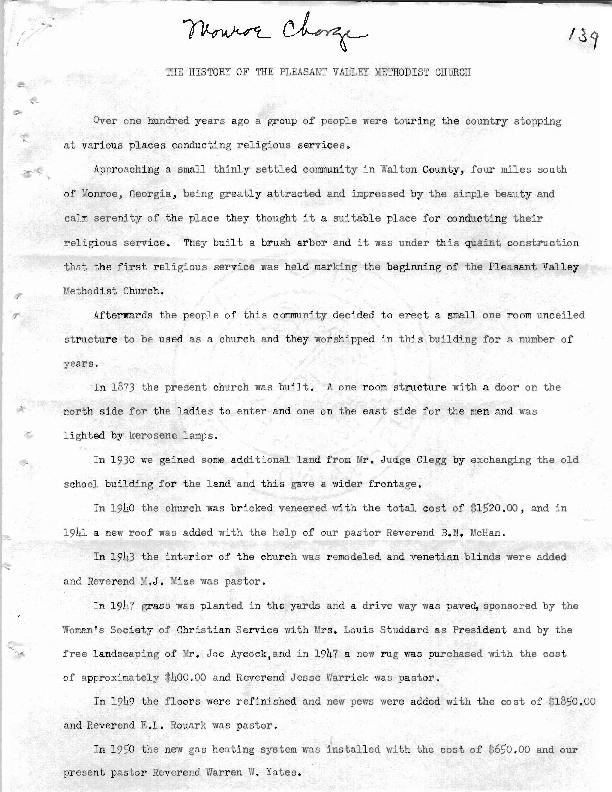 A brief history of the Pleasant Valley Church including details of the church&#039;s construction and renovation, important gifts given to the church, information about the church&#039;s Sunday School,  recountings of church pastors and their contributions, and a list of the church&#039;s presiding elders and pastors.