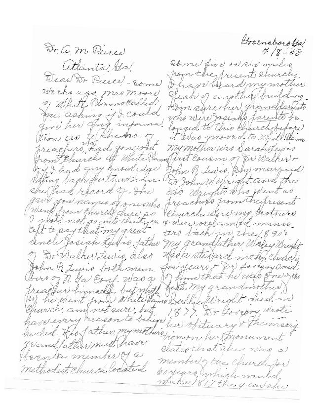 A letter from Gertrude Moore to Dr. A. M. Pierce discussing the history of the White Plains Methodist Church, including information on the preachers.