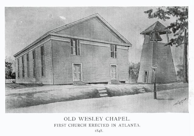 An illustration of the original building of the Wesley Chapel Methodist Church, including the bell tower.