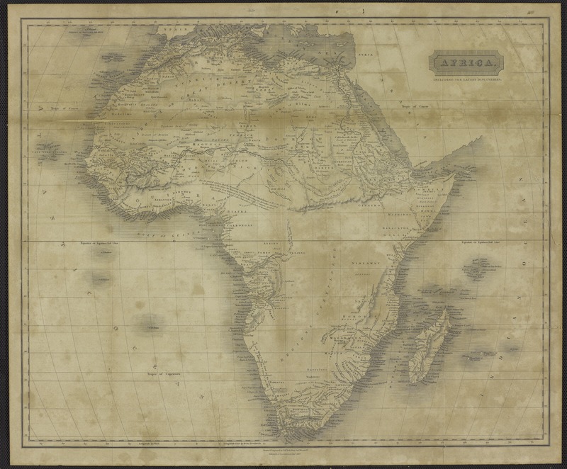 A map of Africa depicting locations explored by Europeans up to the early 19th century, including the Sahara, Madagascar, and the Ivory Coast.