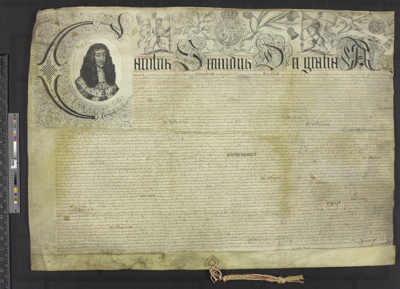 This is a pardon granted to Sir Gilbert Pickering by Charles II. Pickering was pardoned for supporting Oliver Cromwell prior to the Restoration of 1660. It is hand-written on vellum.