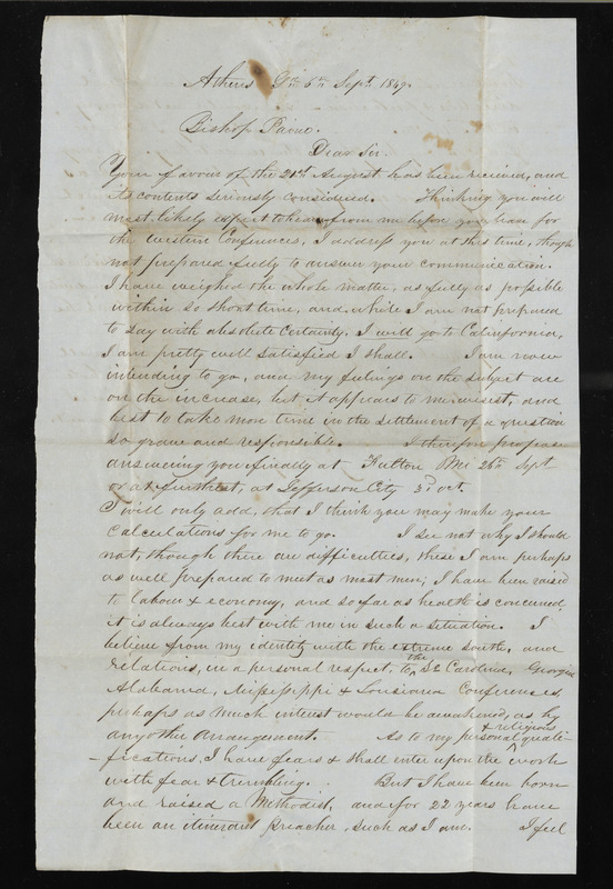 A letter from Jesse Boring to Robert Paine thanking Paine for considering him for the position on the California Mission, tentatively accepting the appointment but asking for several more weeks to consider the offer before answering firmly, reviewing his qualifications for the role, and noting that he has contacted another possible candidate to join the mission.