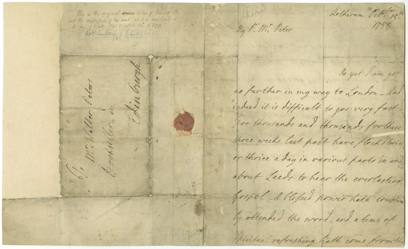 A letter from George Whitefield to Walter Peters in which Whitefield discusses his itinerant preaching near Leeds and plans for future travel. He also mentions an improvement in his health and asks for the continued prayers of his and Peters&#039; friends in Scotland.