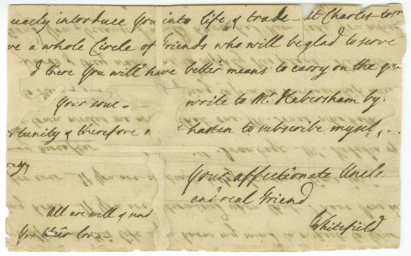 A letter from George Whitefield to his nephew, possibly James Whitefield, asking about his plans to remain in America and recommending some of Whitefield&#039;s connections who might be able to help get the nephew settled.