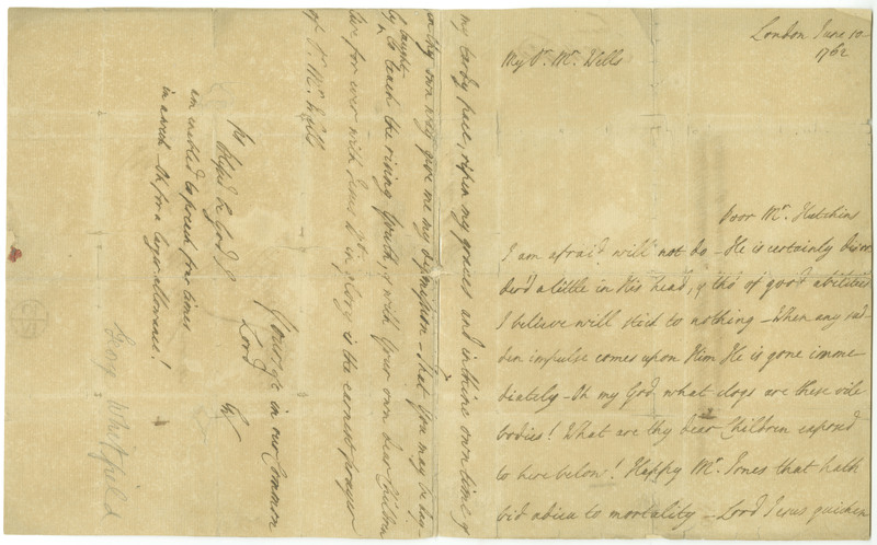 A letter from George Whitefield to a schoolmaster in Cheltenham discussing the health of a fellow preacher, Mr. Hutchins, and the passing of another, Mr. Jones.