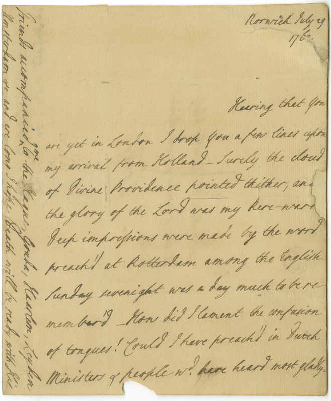 A letter from George Whitefield to Charles Wesley discussing Whitefield&#039;s travels in the Netherlands, his current tour of central England, and possible plans for travelling to America.