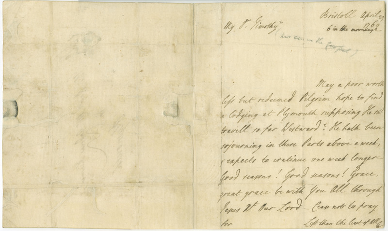 A letter from George Whitefield to Andrew Kinsman, addressed as &quot;My Dear Timothy&quot;, requesting a place to stay upon Whitefield&#039;s arrival in Plymouth.