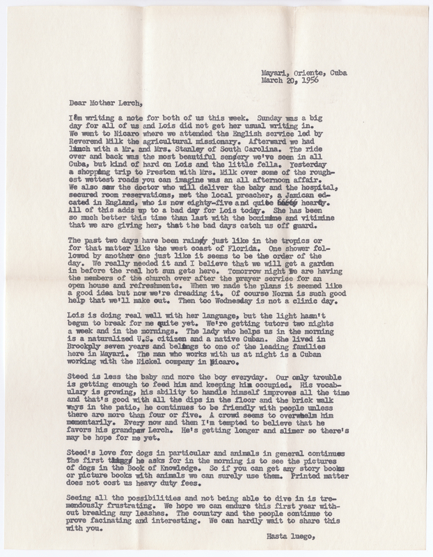 A letter from Morrell to Lois&#039; mother, Elsie, describing the family&#039;s busy Sunday schedule, providing an update on Lois&#039; pregnancy and preparations, describing the weather and plans for planting a garden, sharing about his and Lois&#039; progress in learning Spanish, updating on Steed&#039;s development, and sharing his frustration at being unable to fully involve himself in the work.