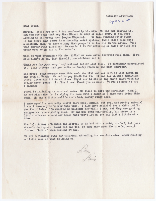A letter from Lois to her parents, Donald and Elsie, answering questions about how they get water in the house, talking about a trip swimming with the Milks, thanking them for their letters, letting them know that their package arrived in Cuba, giving them an update on Steed, describing a maternity outfit she made and some of her other clothes, telling them about the family&#039;s health, and giving a short update on their progress with understanding Spanish.