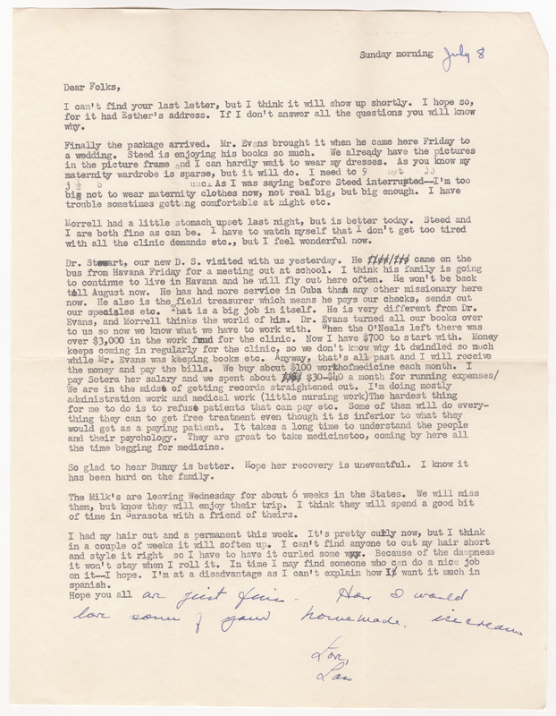 A letter from Lois to her parents, Donald and Elsie, informing them on the arrival of the package they sent and reporting on everyone&#039;s enjoyment of the contents, giving an update on the family&#039;s health, describing the arrival of Dr. Stewart and his role as the new D. S., outlining the finances of the clinic and how that affects work with the clinic patients, sending best wishes to a recovering friend, reporting on the departure of the Milk family, and describing her experience getting her hair cut.